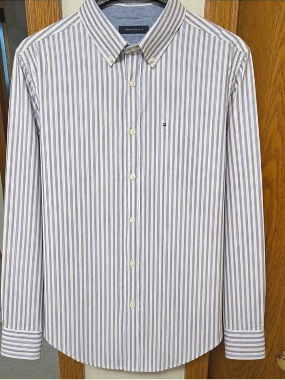 Tommy Hilfiger Men's Navy and White Striped Button-Down Shirt